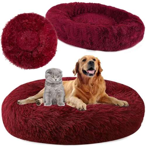 Red plush dog bed with a cat and a dog laying in it