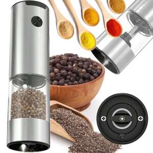 Electric salt and pepper grinder with LED light, stainless steel, adjustable grind, clear container, battery operated, 4 x AAA batteries (not included), 17cm x 5cm, silver - Spice Rack