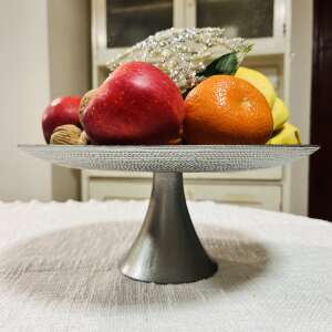 Silver cake stand with fruit, metal cake stand with fruit, serving tray with fruit, decorative cake stand with fruit, cake plate with fruit, dessert stand with fruit, fruit bowl with fruit, silver serving tray with fruit, cake stand for parties with fruit, cake stand for weddings with fruit - Serving