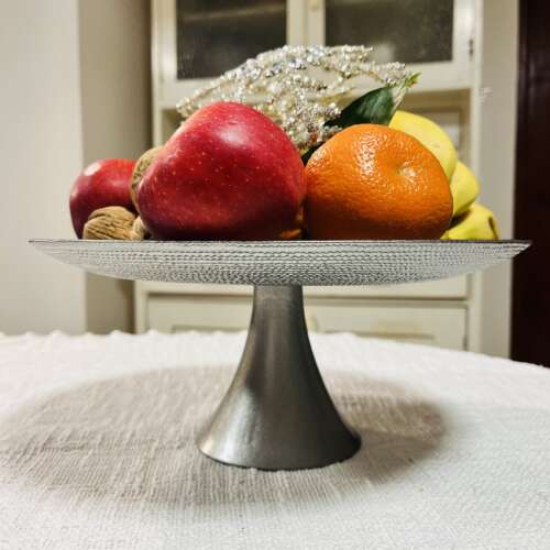 Silver cake stand with fruit, metal cake stand with fruit, serving tray with fruit, decorative cake stand with fruit, cake plate with fruit, dessert stand with fruit, fruit bowl with fruit, silver serving tray with fruit, cake stand for parties with fruit, cake stand for weddings with fruit