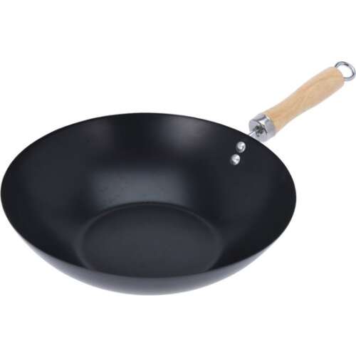 Czarna patelnia wok z drewnianym uchwytem, średnica 30 cm
