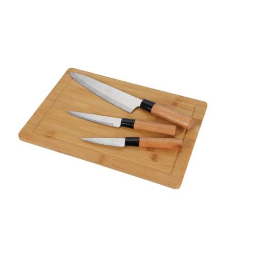 Zestaw 4 noży kuchennych Excellent Houseware z deską do krojenia, noże ze stali nierdzewnej z drewnianymi uchwytami, srebrny i brązowy