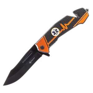 Foxter folding pocket knife with black blade and orange handle, featuring a belt clip and window breaker - Pocket Knives and Folding Knife