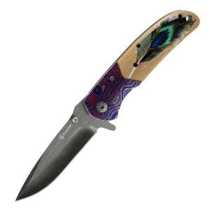Foxter folding pocket knife with peacock feather design, stainless steel blade and wooden handle - Sport & Leisure
