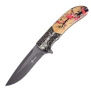 Foxter folding survival knife with a black blade and a wooden handle with a cherry blossom design - Sport & Leisure
