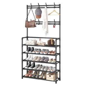 Black metal coat rack with shoe shelf, 5 shelves and 8 hooks, for hallway or entryway - Standing hanger