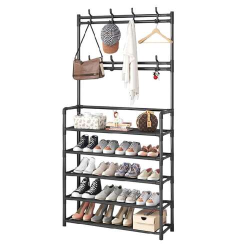 Black metal coat rack with shoe shelf, 5 shelves and 8 hooks, for hallway or entryway
