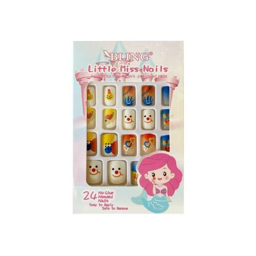 Bling Little Miss Nails 24 pachete de unghii false autoadezive pentru copii, cu diverse modele colorate