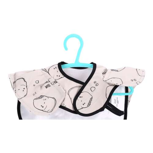 Beige baby bib with a cute cartoon design, featuring a pocket to catch food, perfect for messy eaters.