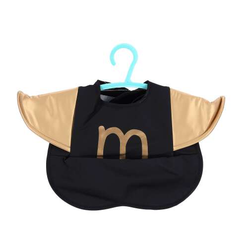 Black waterproof baby bib with gold wings and pocket, 'M' logo