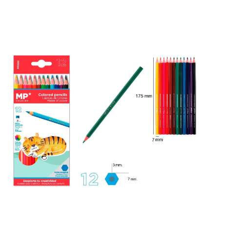 Creioane colorate MP+, 12 culori, set de creioane colorate, creioane de desenat, materiale de artă, materiale școlare
