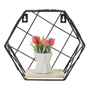 Black hexagonal wall shelf with wooden shelf, perfect for displaying small items or books - Office Furniture