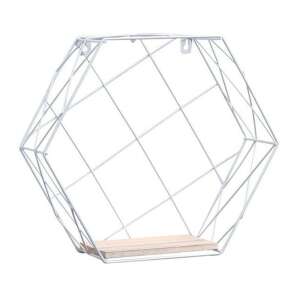 White geometric wall shelf, hexagonal shape, with wooden shelf, modern design, for home decor, storage, and organization - Nursery Furniture