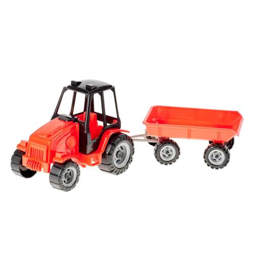 Red toy tractor with trailer, 039A model, plastic toy, 4 pairs of rotating wheels, cabin with seat and windows, trailer for transporting objects