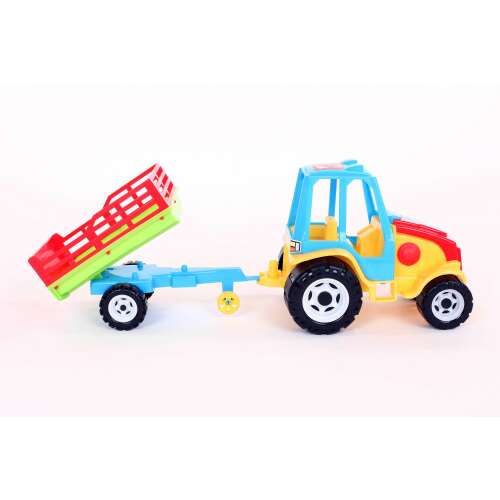Blue and yellow toy tractor with trailer, 404 model