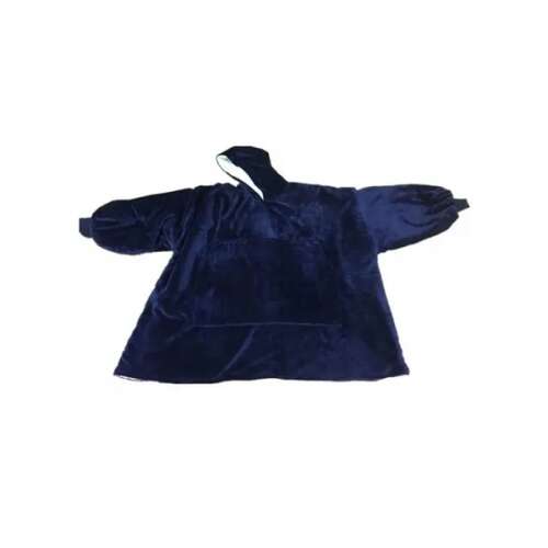 Blue oversized wearable blanket with hood and pocket