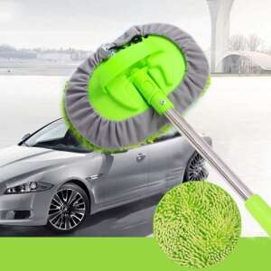 Telescopic car wash brush with microfiber head, green and grey, for cleaning car body and wheels - Car Care Tool