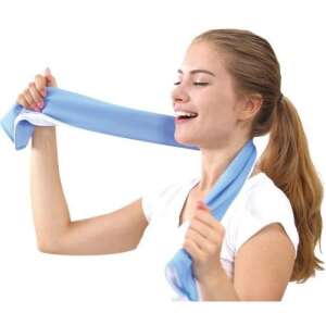Woman wearing a blue cooling towel around her neck, cooling towel for hot weather, cooling scarf - Towel