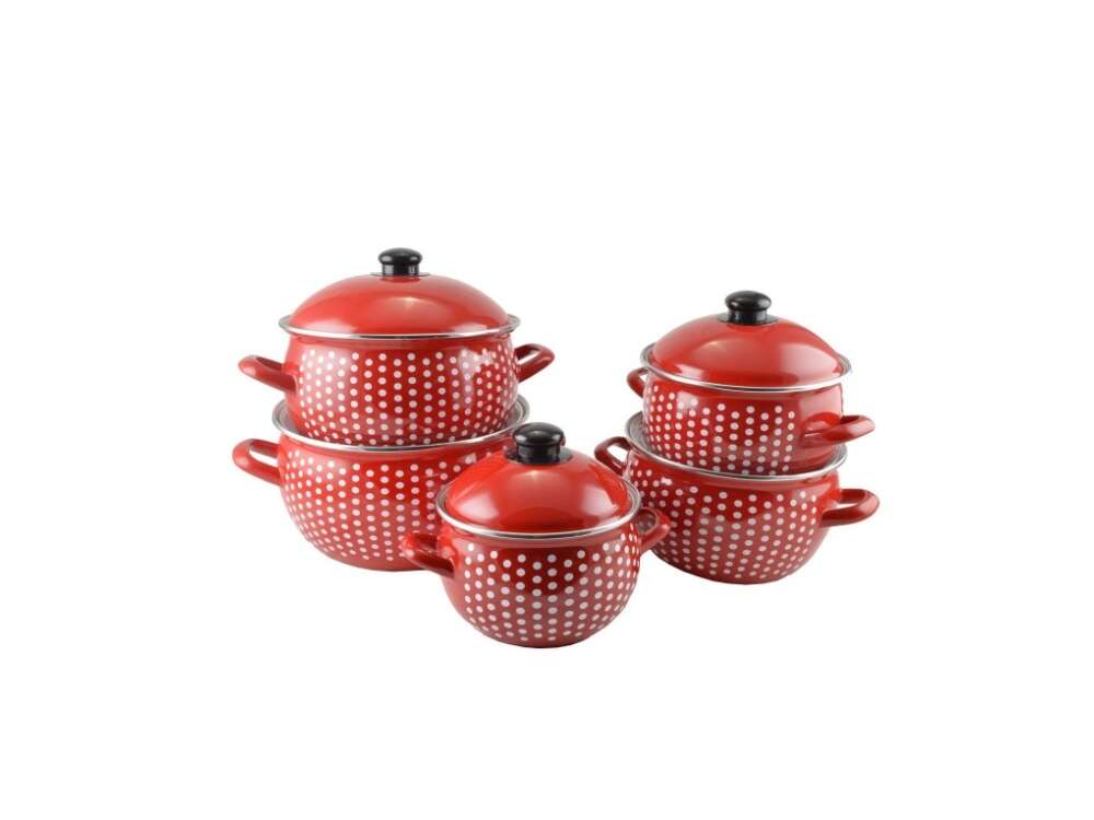 Perfect Home - Zománcozott Edénykészlet - Piros Pöttyös - 10 részes