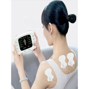 Electrostimulation massager for neck and back pain relief, showing electrode pads in use. - Body shaping