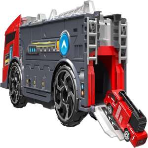 Interactive toy truck set with fire and rescue cars, openable front and back, ramp, vehicle transport, parking, gas station, rotating ladder, movable wheels, for children 3+ - Nonbrand Kids's play car