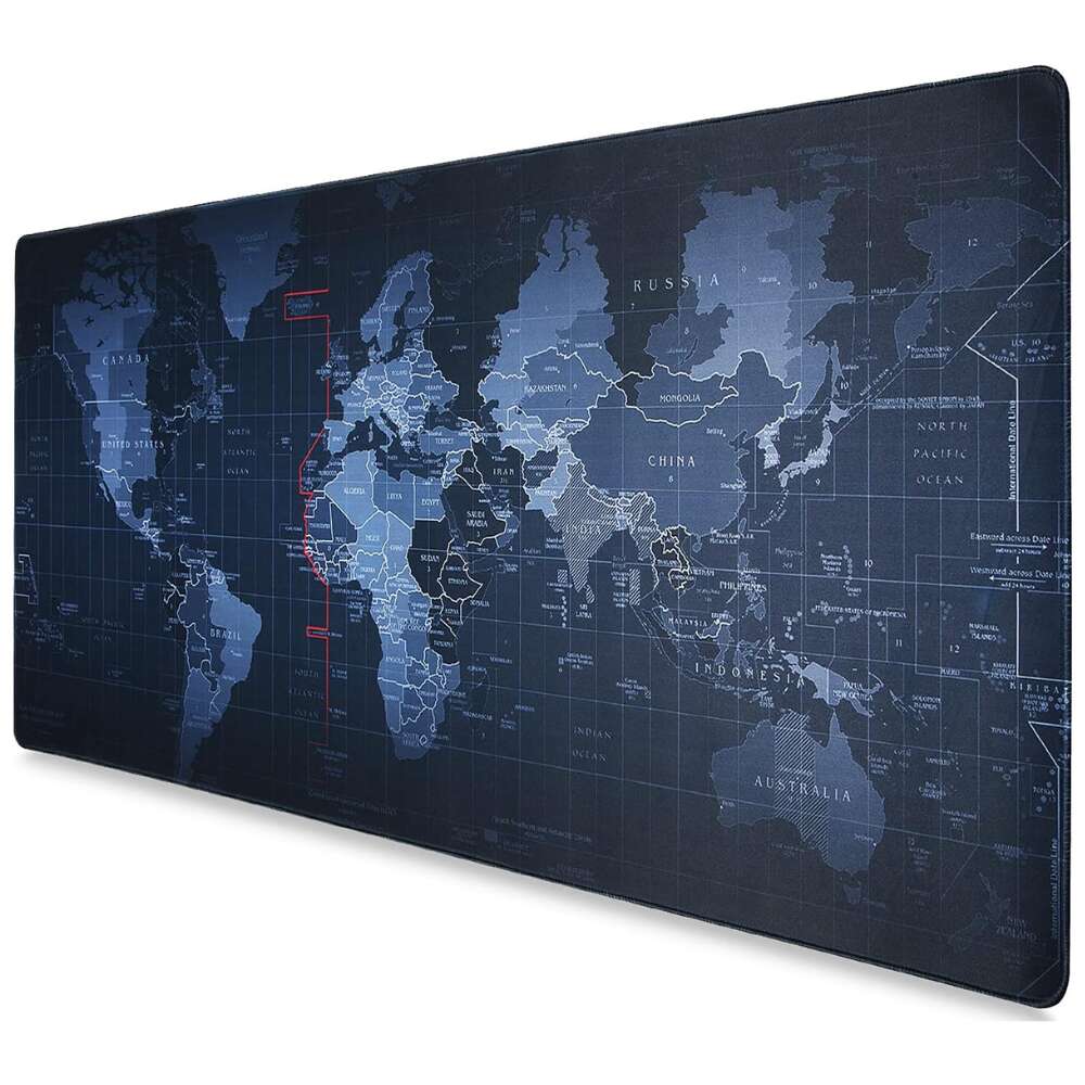 Large, Rubberized Mouse Pad for Gaming and Office Use, Anti-Slip, Tear-Resistant Stitching, Waterproof, World Map Design, 90 x 40 cm, Black/Blue