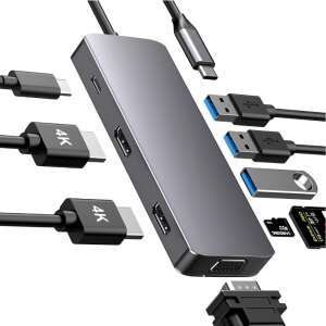 9-in-1 USB-C Hub with 3x USB 3.0, 2x HDMI 4K, VGA, SD/Micro SD card reader, and Power Delivery - USB Hub