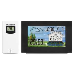 Wireless weather station with outdoor sensor, showing indoor and outdoor temperature and humidity, time, date, alarm clock, weather forecast, calendar, and touch screen - Weather Station