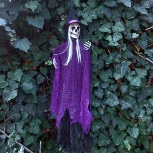 Halloween dekoráció kalapos csontváz, 100cm, FEKETE-LILA