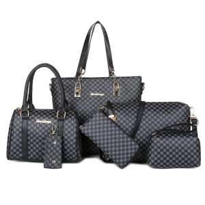 Dollcini 6 piece handbag set, black with checkered pattern, includes tote bag, shoulder bag, wallet, and more - Dressing Accessory