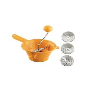 Žltý plastový pasírovač s 3 vložkami z nehrdzavejúcej ocele, značka Tilly - Ručné pasírovače