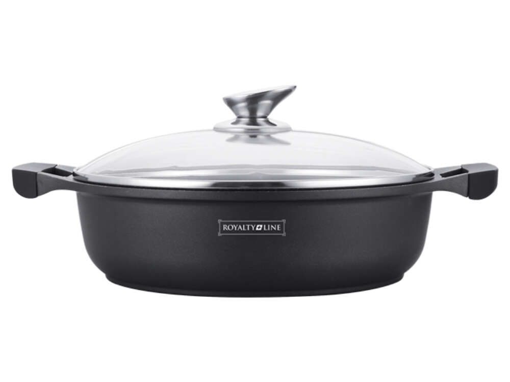 Cratiță Royalty Line RL-BR30ML, 30 cm, 4,8 l, strat antiaderent din marmură, capac de sticlă, fără PFOA, inducție, negru