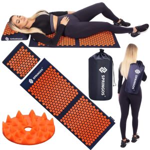 Collage of Springos acupressure mat set in use and components - Springos