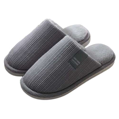 Gray corduroy men's slippers with a soft fleece lining, perfect for keeping your feet warm in the winter