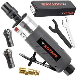 Rotake RT-1108 pneumatic straight die grinder with 1/4 inch air connection, 6 mm shank, 3 mm and 6 mm collets, wrench, air hose connector - Pneumatic Tool