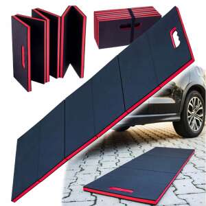 EVA kneeling mat, workshop mat for car repair, Big Red BY-GC004, folded and unfolded, with car in the background - Mechanic Chair