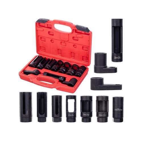 Sada zásuviek na lambda sondu, 10-dielna sada, na odskrutkovanie a dotiahnutie lambda sond bez nutnosti prerezania káblov, pre väčšinu značiek automobilov, vrátane VW, Mercedes, BMW, PSA, OPEL, FIAT a GM