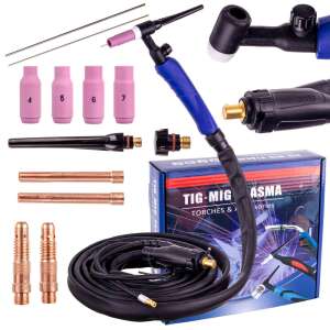 TIG LIFT SR-17V welding torch kit for MMA or MIG/MAG welding with a 4 meter cable, includes accessories like tungsten electrodes, ceramic gas nozzles, and clamps - Tool accessories