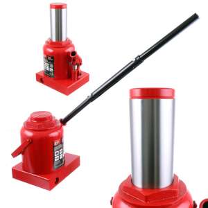 Big Red 50 tonový hydraulický fľašový zdvihák, 3/4 pohľad, zobrazujúci zdvihák v roztiahnutom a stiahnutom stave - Zdviháky