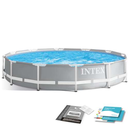 Piscină rotundă Intex Prism Frame 12ft cu cadru metalic, gri, cu instrucțiuni
