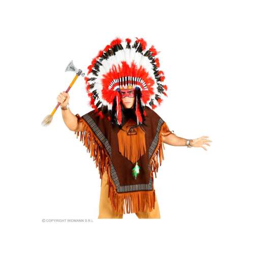 Férfi barna, rojtos indián poncsó jelmezben, piros-fehér tollal díszített fejfedővel és tomahawk-kal