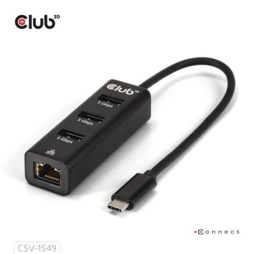CLUB3D CSV-1549 Hub USB-C do 3x USB-A i Gigabit Ethernet, czarny