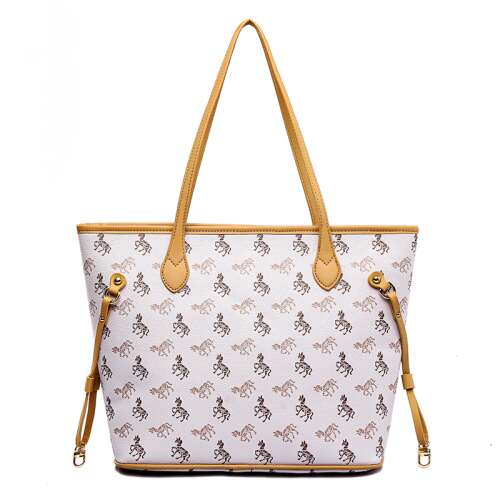 Biała torba typu tote z wzorem konia, brązowe uchwyty