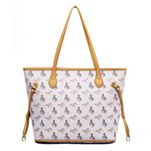 Geantă tote albă cu model de cai, mânere maro - Accesorii pentru îmbrăcăminte