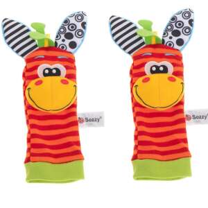 Sozzy márkájú csörgő zokni pár, állatfigurákkal, narancs és piros csíkos, csecsemőknek és kisgyermekeknek - Csörgő