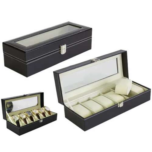 Fekete bőr óratartó doboz üvegtetővel és tükörrel belül, 6 órához