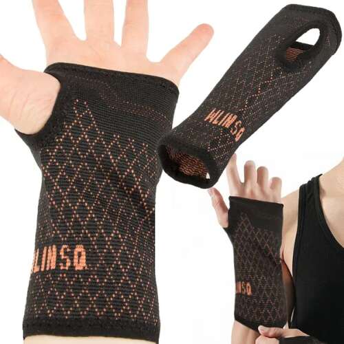 Black and orange wrist support brace for athletes, fitness, and sports, provides wrist and hand support, comfortable fit, breathable, flexible, ideal for tennis, basketball, volleyball, and more