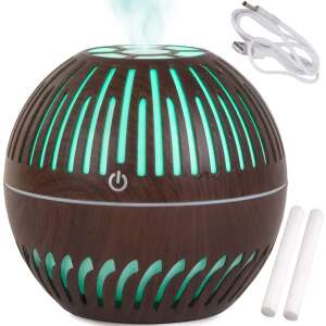 Ultrasonic aroma diffuser with LED light, dark brown, round shape, with USB cable and filter sticks - Diffuser