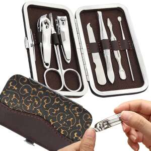 7-teiliges Maniküre- und Pediküre-Set mit Nagelknipser, Schere, Pinzette und mehr in einem braunen Lederetui - Nageldesign