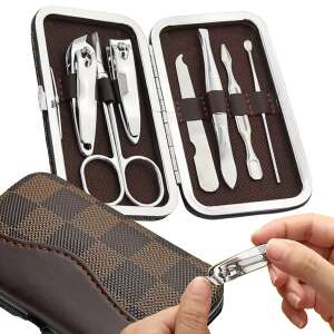 Manicure and pedicure set with 7 tools in a brown checkered case, perfect for travel and home use - Manicure set